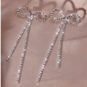 New! Delicate Bowknot Rhinestones Long Tassel Stud Earrings